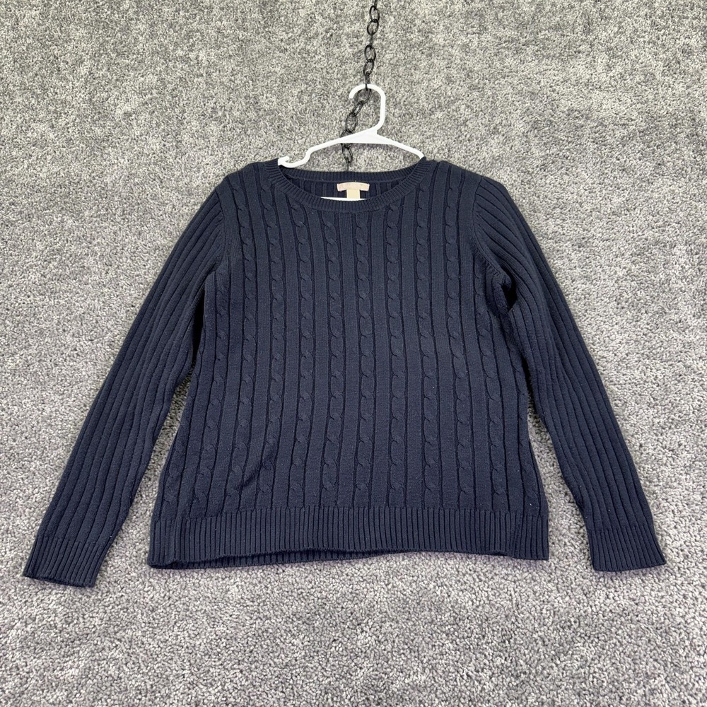 White Stag Sweater Womens L Black Blue Cable Knit Crew Neck Pullover Casual